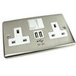 UK Mains Wall Socket with 2x USB Charging Ports Brushed Chrome